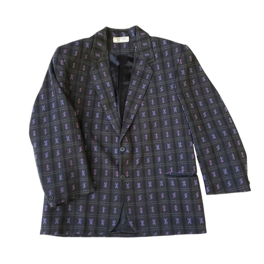 Vintage Wool Poly Blazer Jacket Sport Coat Black Gray Geometric Kasuri 40R